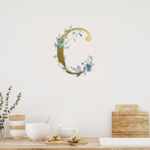 Initial C Golden and Blue Floral Monogram Poster