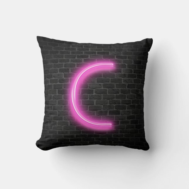 Initial C In Neon Pink Marquee On Brick Throw Pillow (Front)