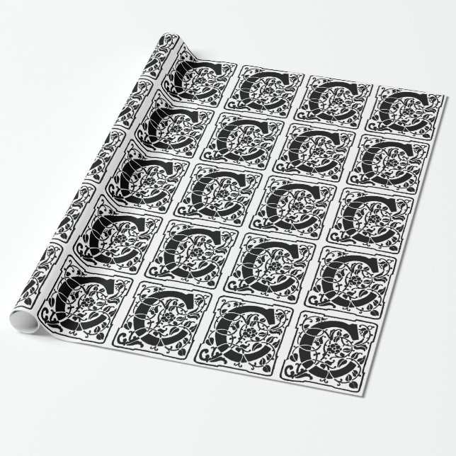 Initial C Monogram. Floral Name Customized Pattern Wrapping Paper (Unrolled)