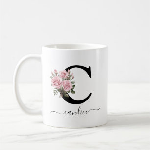 Initial C Pink Roses Floral Flowers Monogram Name Coffee Mug