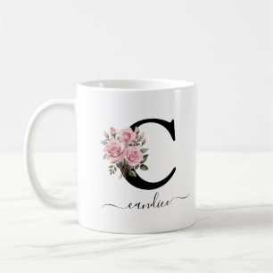 Initial C Pink Roses Floral Flowers Monogram Name Coffee Mug