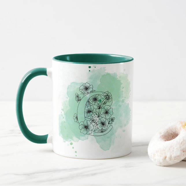 Initial C Watercolor Monogram Green Botanical  Mug (With Donut)