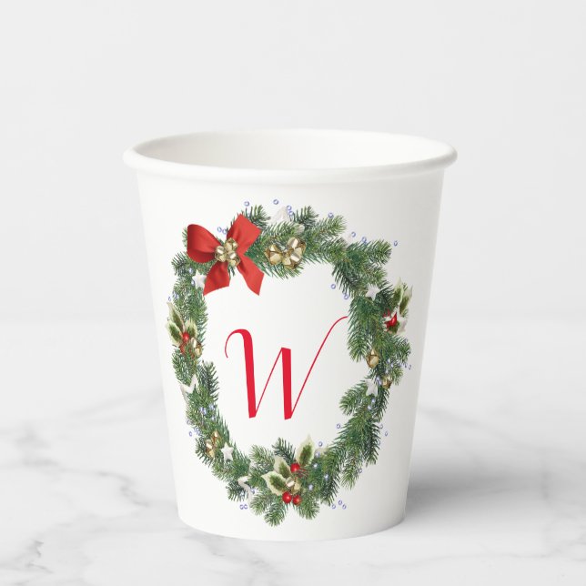 Initial Christmas Wreath Paper Party Cups (Front)