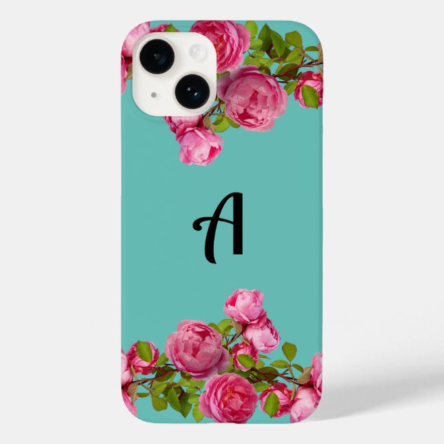Initial Colourful pink roses l Cute blue Case-Mate iPhone Case (Back)
