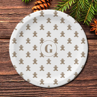 Initial, Cute Gingerbread Man Cookie Pattern Paper Plate