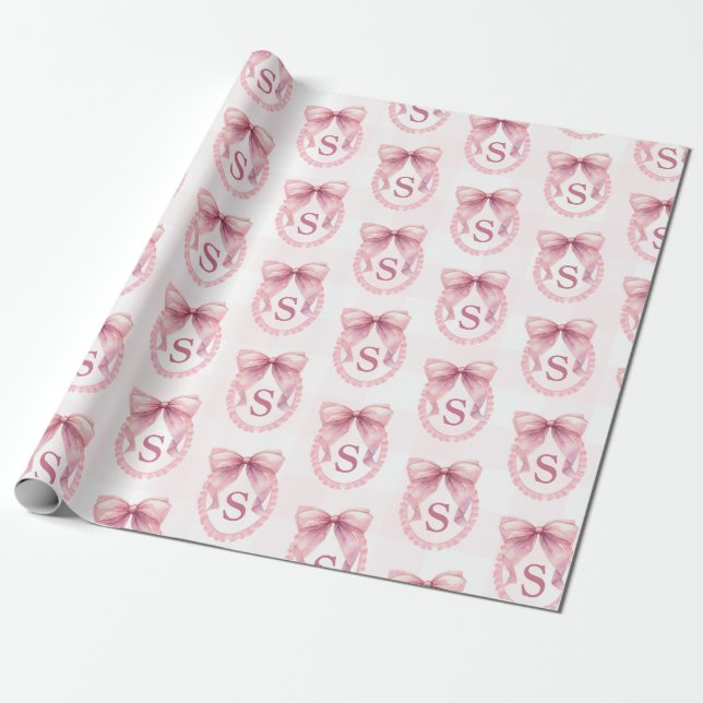 Initial Cute Pink Bow Coquette Custom Wrapping Paper (Unrolled)