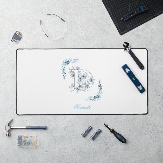 Initial "D" Blue Monogram Calm Floral Desk Mat (Workstation)