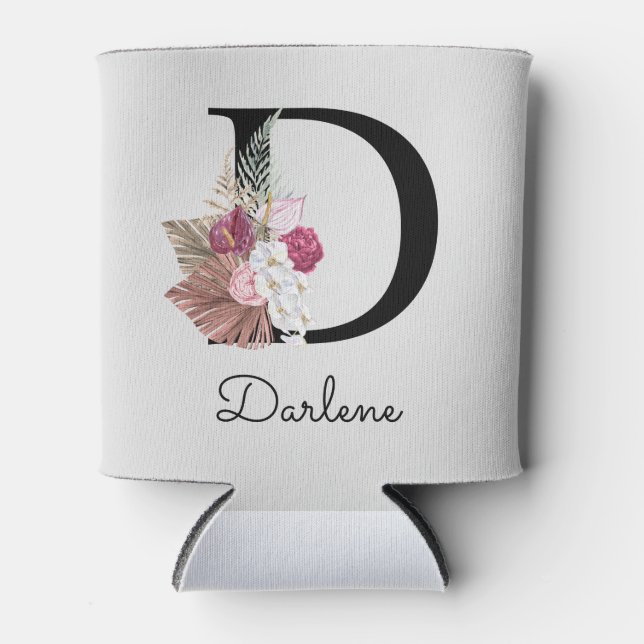 Initial D Monogrammed Pink Boho Floral Can Cooler (Front)