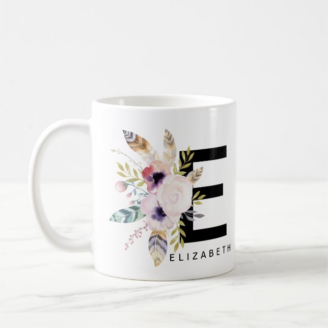 Initial 'E' Alphabet Mug Monogram Boho Watercolour (Left)
