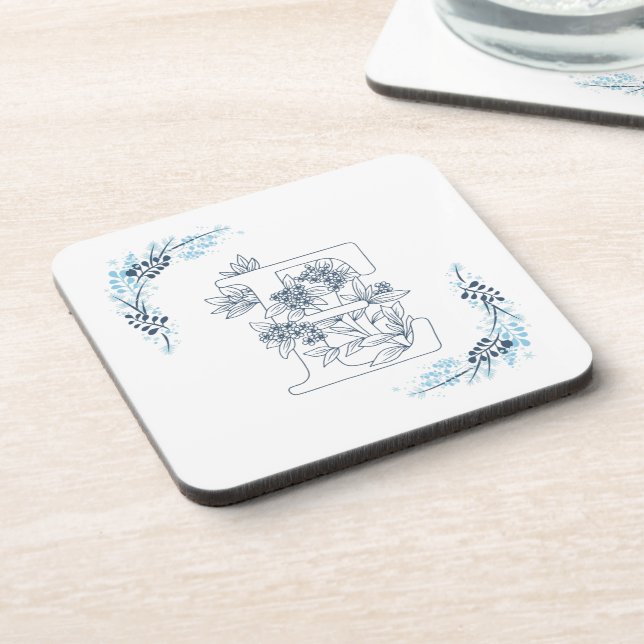 Initial "E" Blue Monogram Calm Floral Coaster (Left Side)