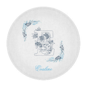 Initial "E" Blue Monogram Calm Floral Cutting Board