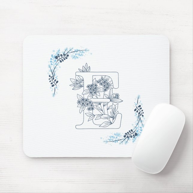 Initial "E" Blue Monogram Calm Floral Mouse Pad (With Mouse)
