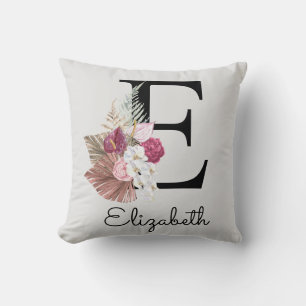 Initial E Modern Pink Floral Throw Pillow