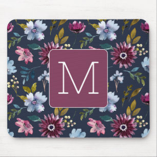 Initial Elegant navy and burgundy Floral feminine Mouse Pad