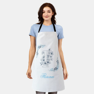 Initial "F" Blue Monogram Calm Floral Apron