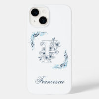 Initial "F" Blue Monogram Calm Floral