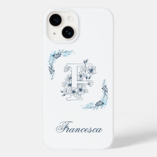 Initial "F" Blue Monogram Calm Floral Case-Mate iPhone 14 Case