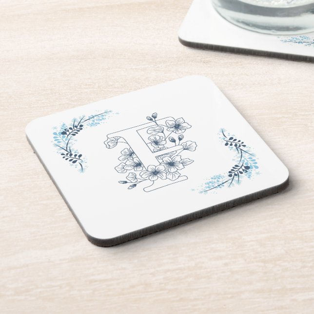Initial "F" Blue Monogram Calm Floral Coaster (Left Side)