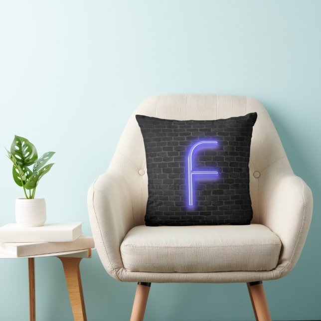 Initial F In Neon Marquee On Brick   Throw Pillow (Chair)