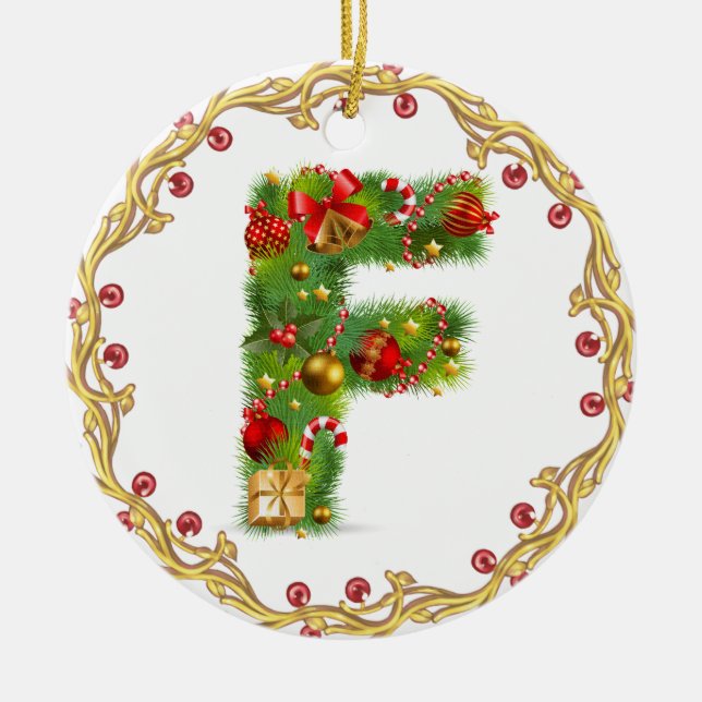 initial F monogrammed christmas ornament - circle (Front)