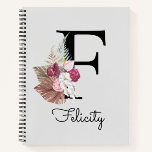 Initial F Monogrammed Pink Boho Floral Notebook