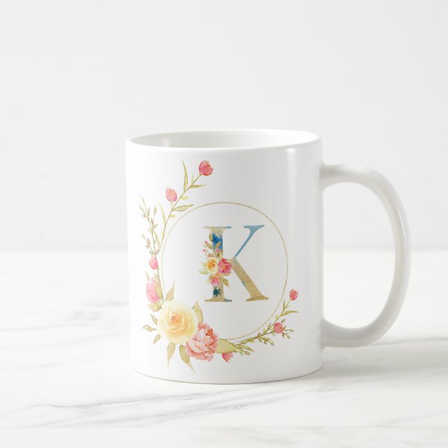 Initial floral letter K floral frame Coffee Mug (Right)