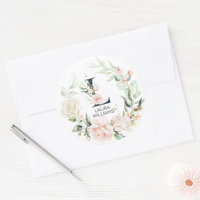 Initial floral letter L floral frame Classic Round Sticker (Envelope)