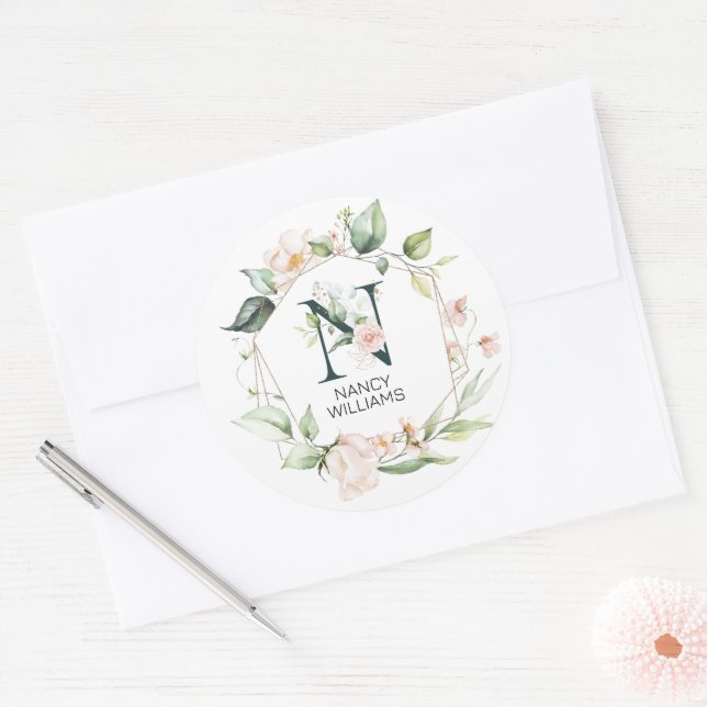 Initial floral letter N floral frame Classic Round Sticker (Envelope)