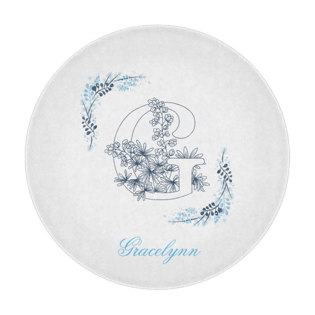 Initial "G" Blue Monogram Calm Floral Cutting Board (Front)