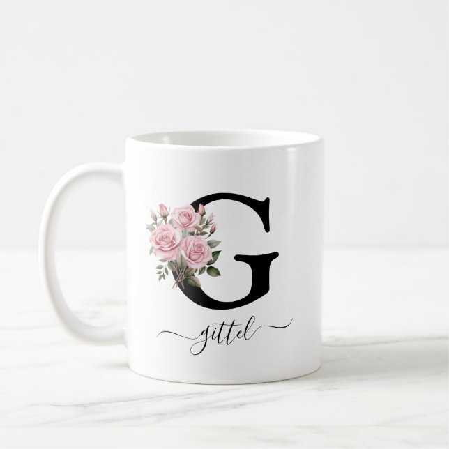 Initial G Monogram Floral Flower Pink Roses Mug (Left)
