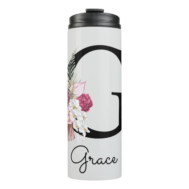 Initial G Monogrammed Pink Boho Floral Thermal Tumbler (Front)