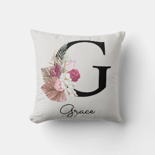 Initial G Monogrammed Pink Boho Floral Throw Pillow