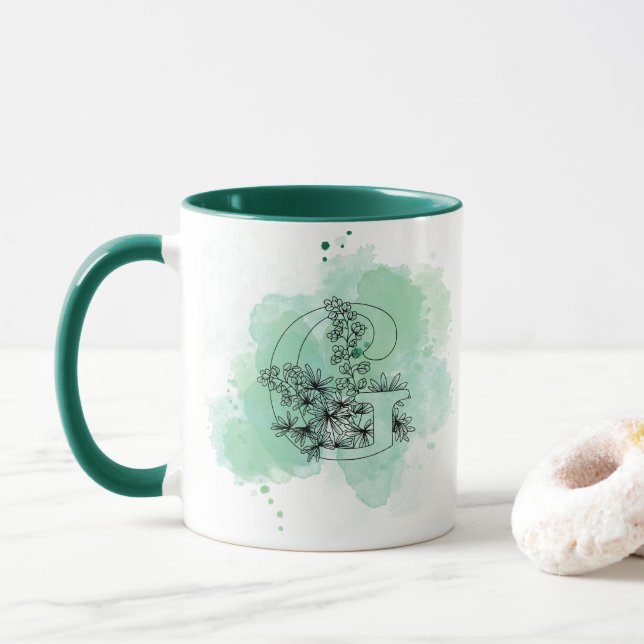 Initial G Watercolor Monogram Green Botanical  Mug (With Donut)