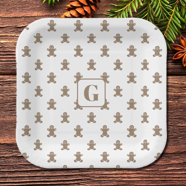 Initial, Gingerbread Man Cookie Pattern Square Paper Plate (Creator Uploaded)