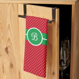Initial, Green Red White Swiss Dot Kitchen Towel