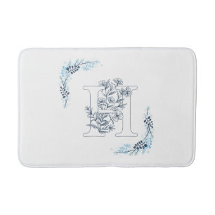Initial "H" Blue Monogram Calm Floral Bath Mat