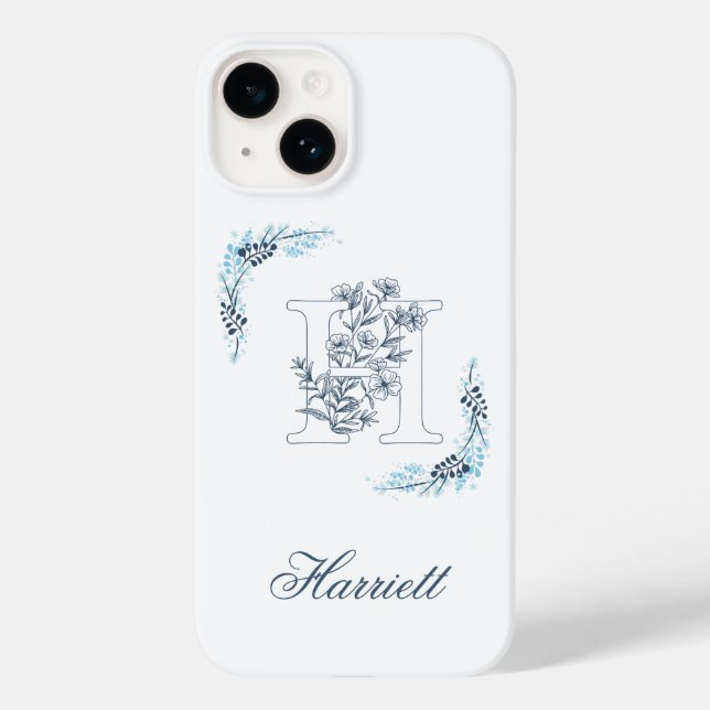 Initial "H" Blue Monogram Calm Floral Case-Mate iPhone Case (Back)