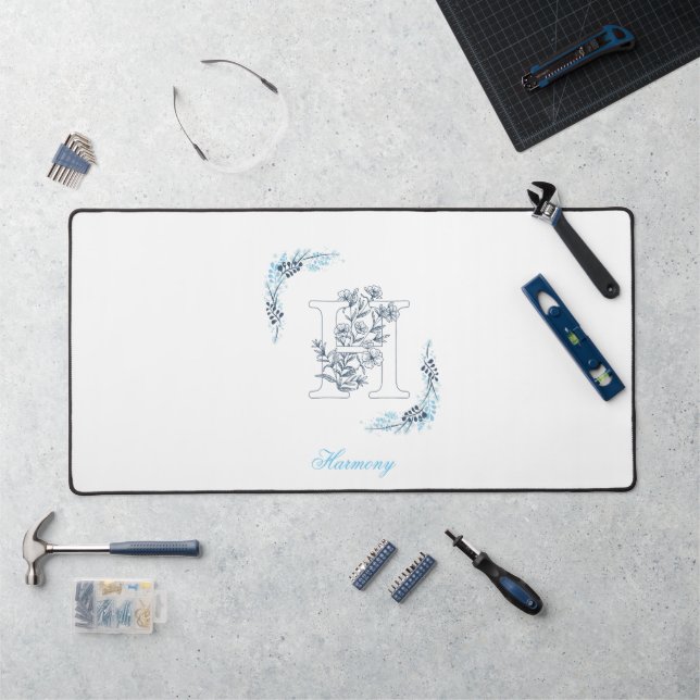 Initial "H" Blue Monogram Calm Floral Desk Mat (Workstation)