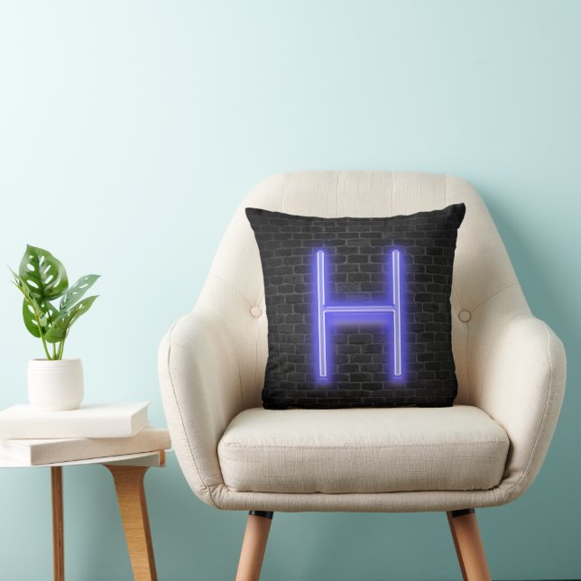 Initial H In Neon Marquee On Brick  Throw Pillow (Chair)