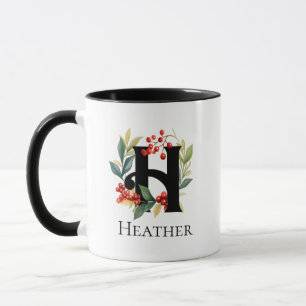 Initial H Monogram Christmas Berry Wreath Mug