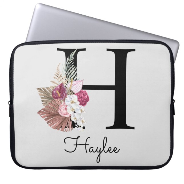 Initial H Monogrammed Pink Boho Floral Laptop Sleeve (Front)