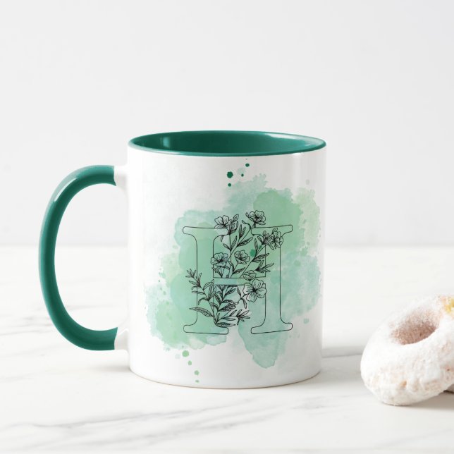 Initial H Watercolor Monogram Green Botanical  Mug (With Donut)
