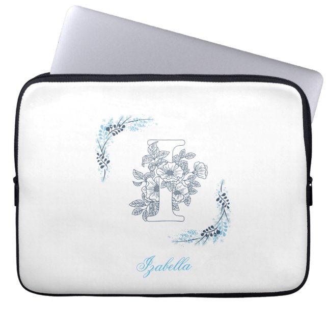 Initial "I" Blue Monogram Calm Floral Laptop Sleeve (Front)