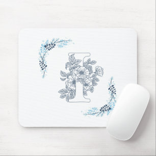 Initial "I" Blue Monogram Calm Floral Mouse Pad