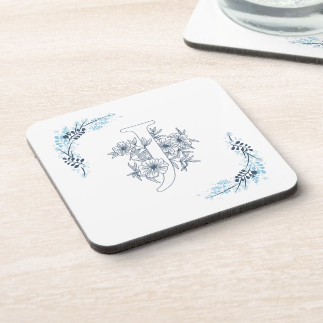 Initial "J" Blue Monogram Calm Floral Coaster (Left Side)