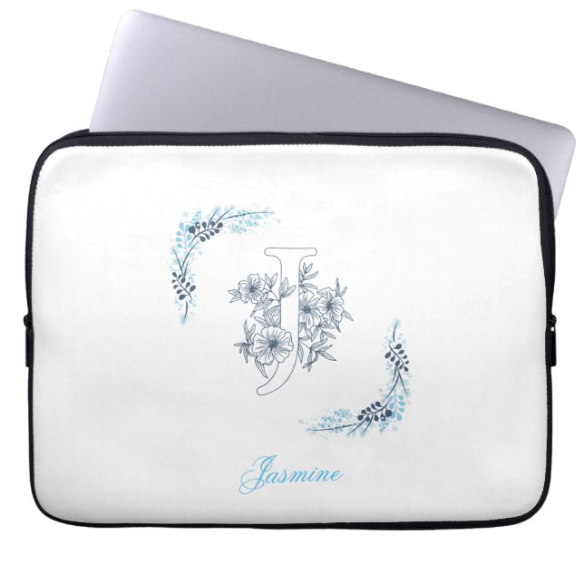 Initial "J" Blue Monogram Calm Floral Laptop Sleeve (Front)