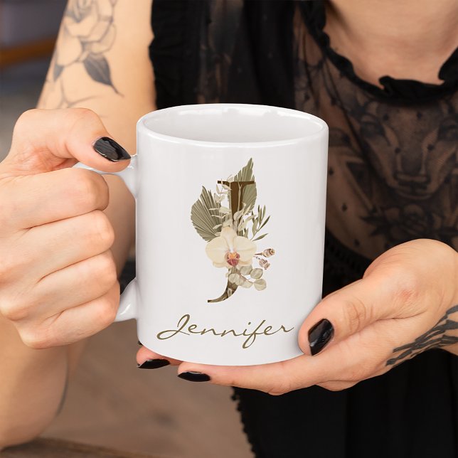 Initial J Boho Floral Orchid Greenery Custom Name Coffee Mug (Creator Uploaded)