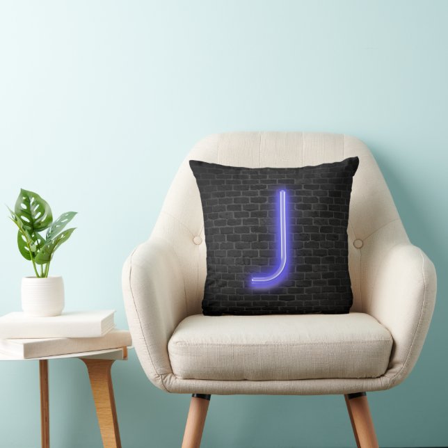 Initial J in Neon Lighting on Brick  Throw Pillow (Chair)