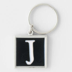 initial J keychain, cloisonne white and black Keychain