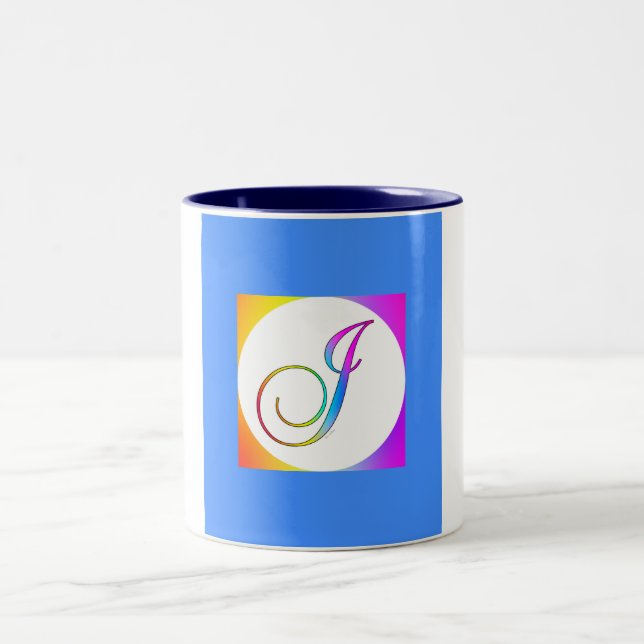 INITIAL J MONOGRAM ON BLUE Two-Tone COFFEE MUG (Center)